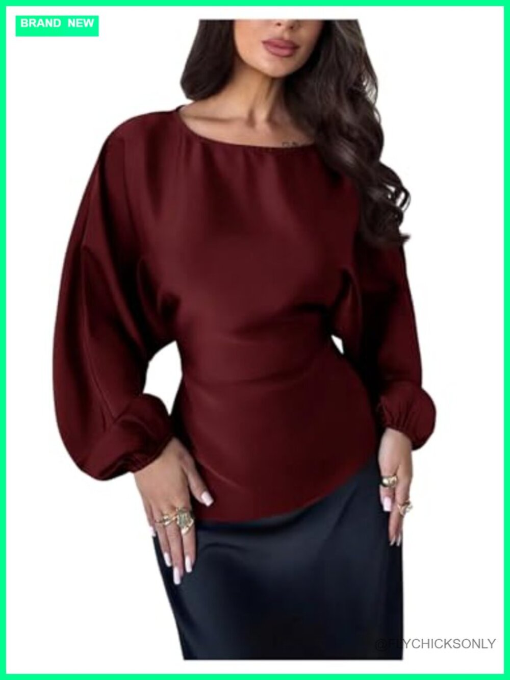 Women Satin Long Sleeve Tie Back Blouse Lantern Sleeve Business Casual Top